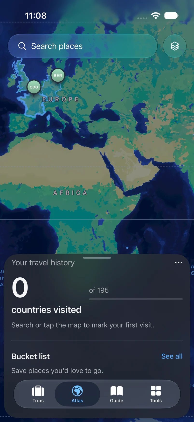 TakeOff Atlas showing a world map and visited-country travel history