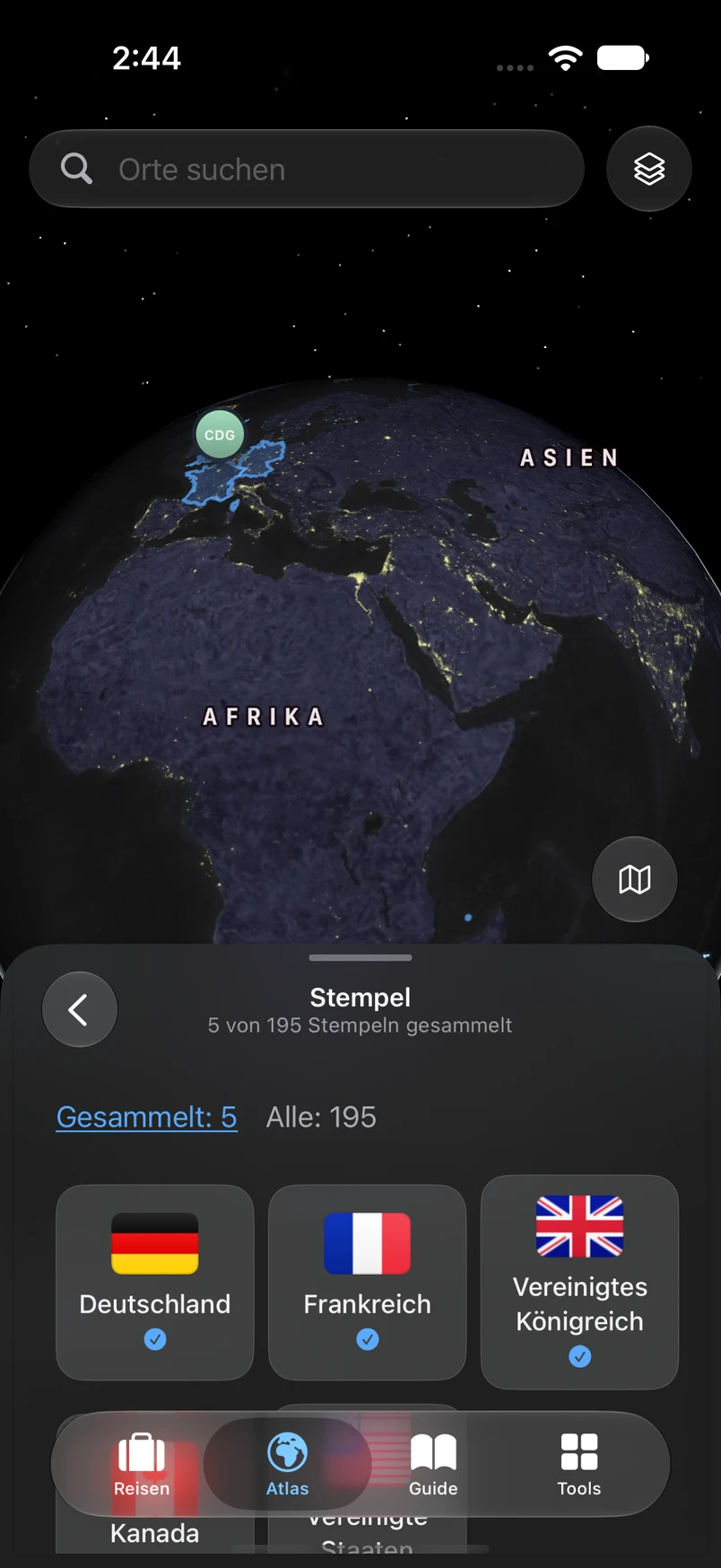 Von TakeOff gesammelte Länderstempel unter der Weltkarte