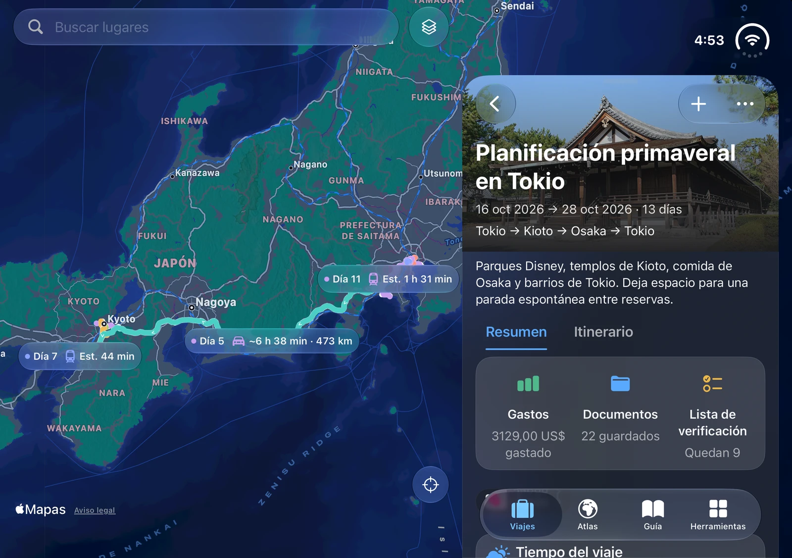 Resumen del viaje y mapa de TakeOff en iPhone Duo
