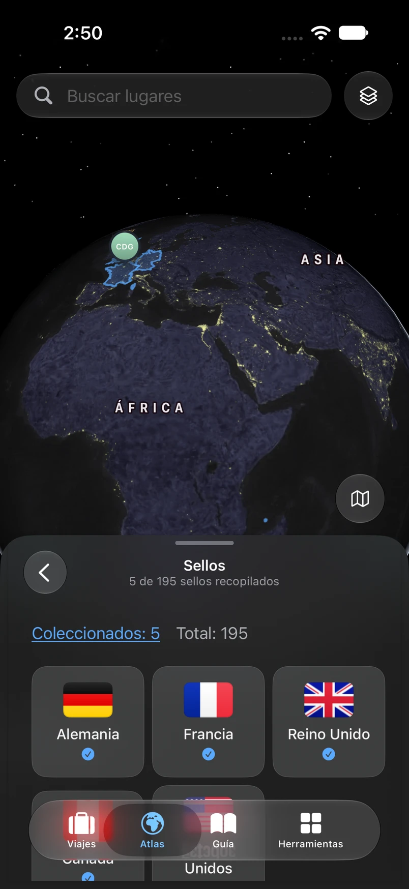 Sellos de países de TakeOff debajo del mapa mundial