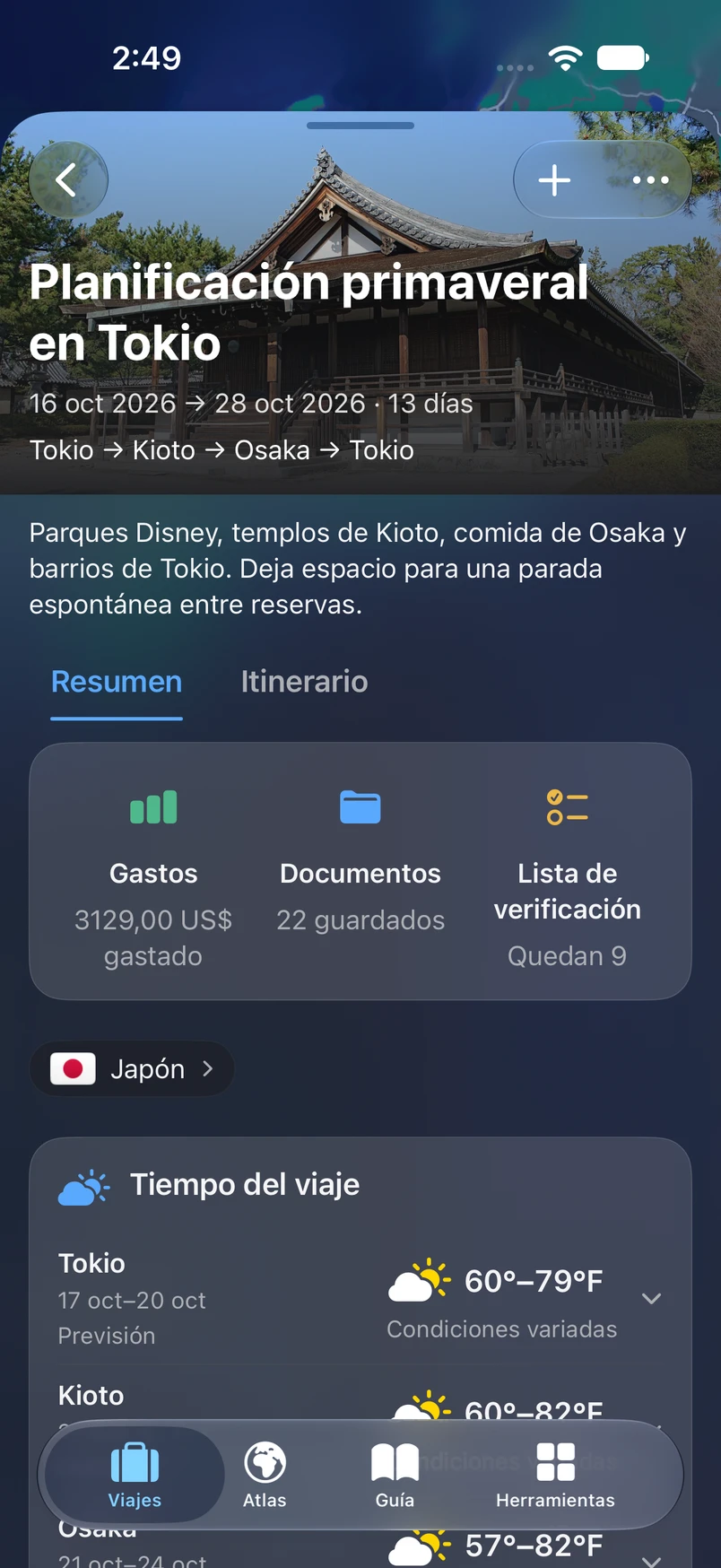 Vista general del viaje de TakeOff a Tokio con gastos, documentos, lista y tiempo