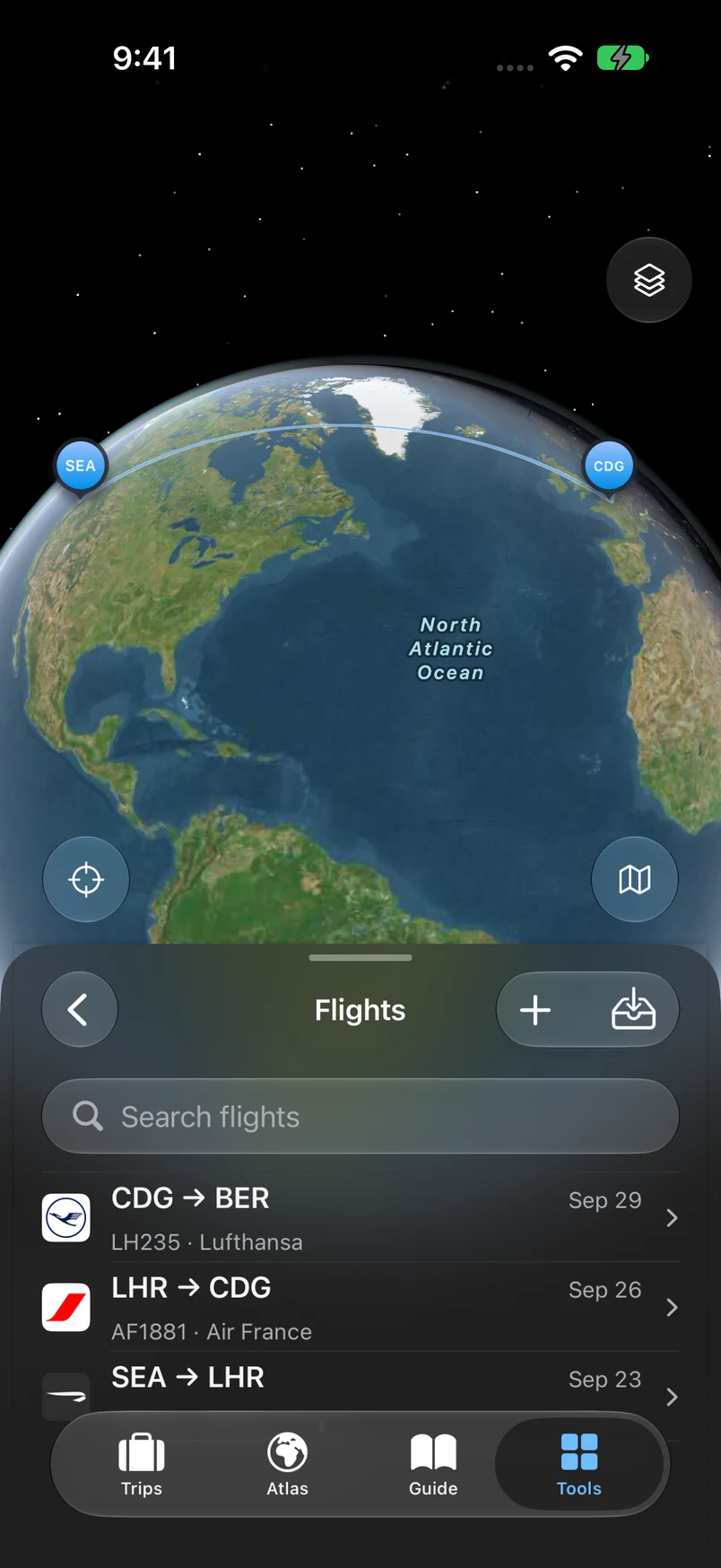 TakeOff flight history with recorded routes below the globe