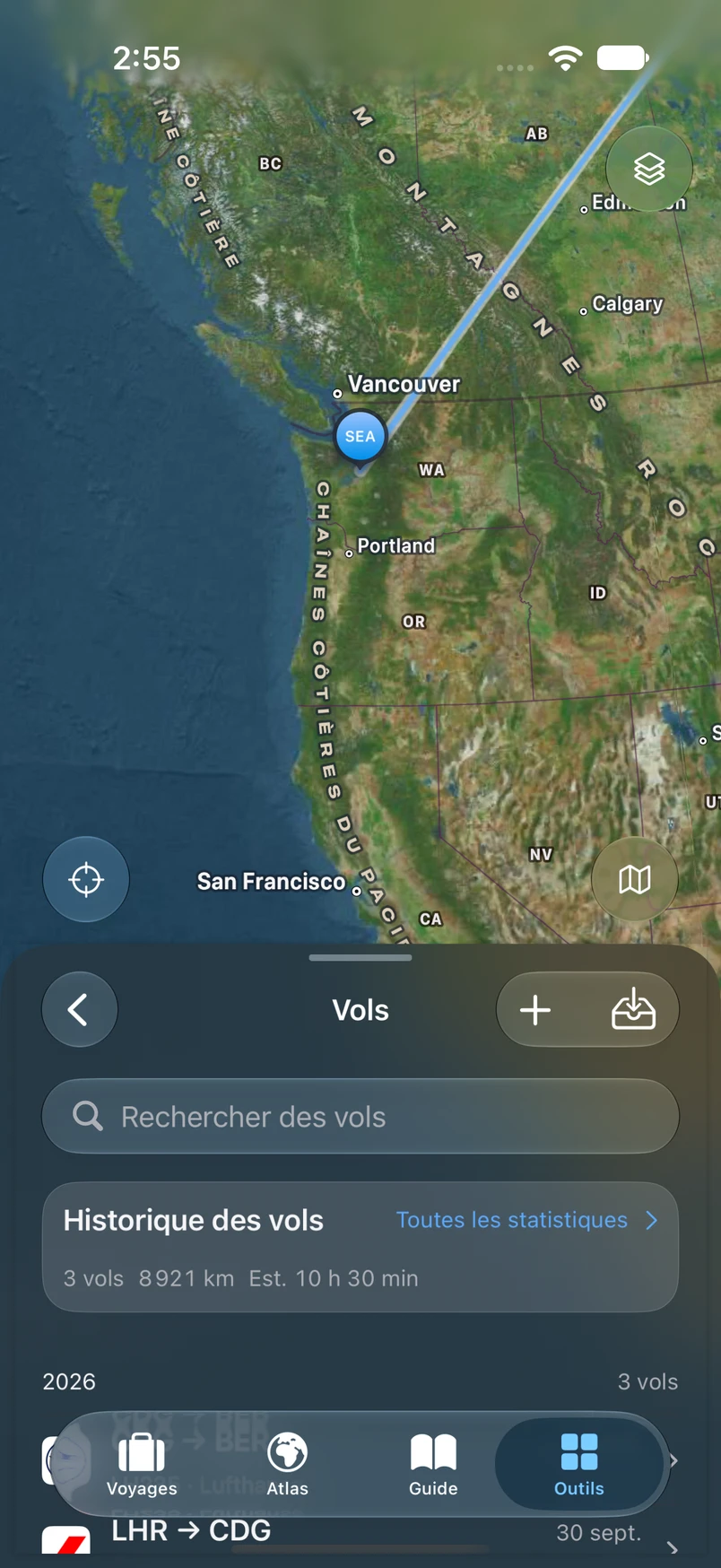 Historique des vols TakeOff et itinéraires enregistrés sous le globe