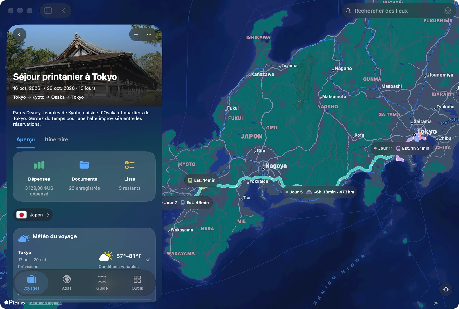 TakeOff sur Mac, avec une vue du voyage à Tokyo à côté d’une carte du Japon