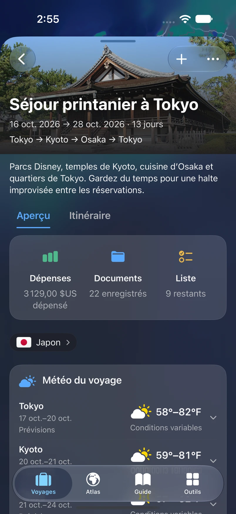Vue d’ensemble du voyage à Tokyo dans TakeOff, avec dépenses, documents, checklist et météo