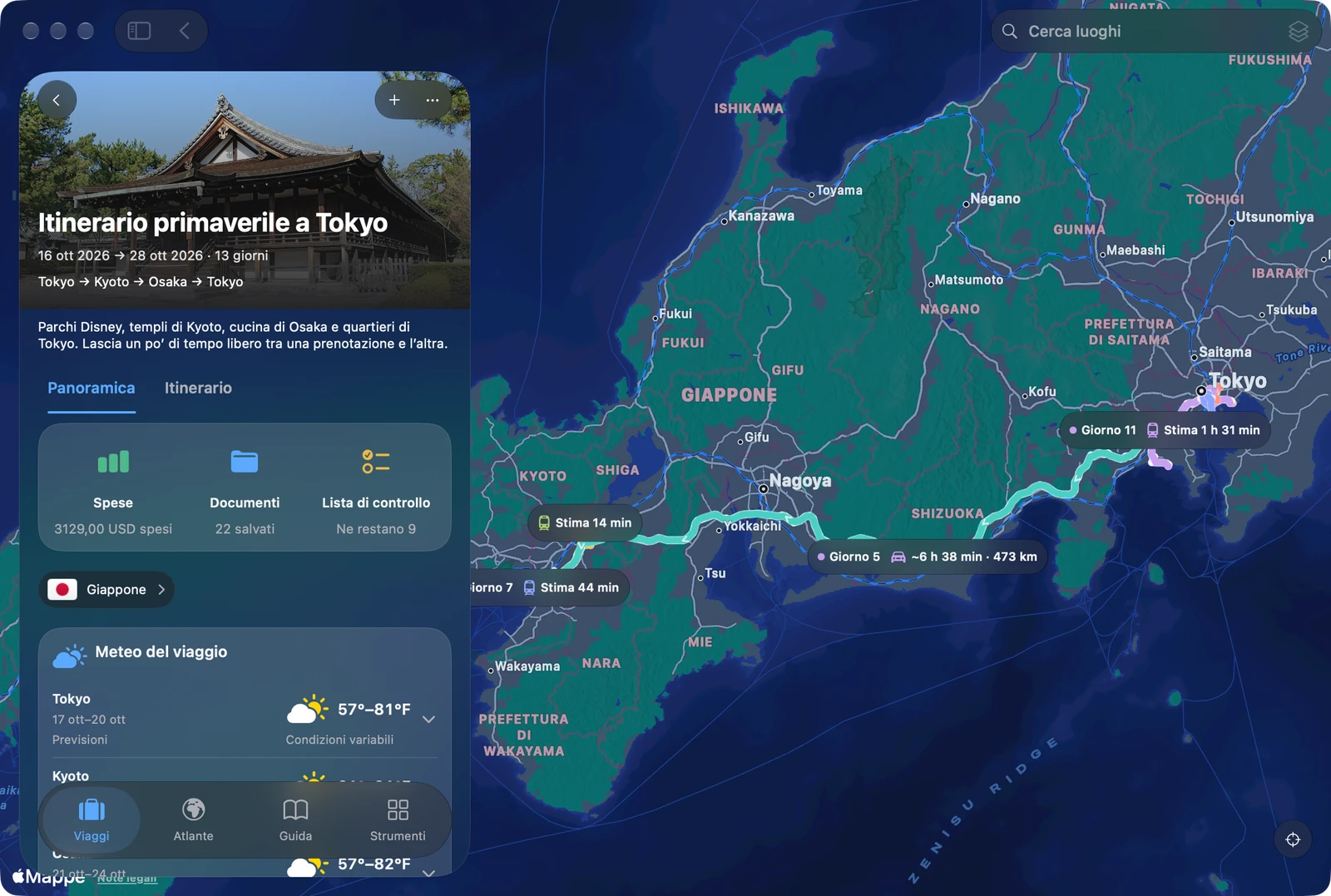 TakeOff su Mac con la panoramica del viaggio a Tokyo accanto alla mappa del Giappone