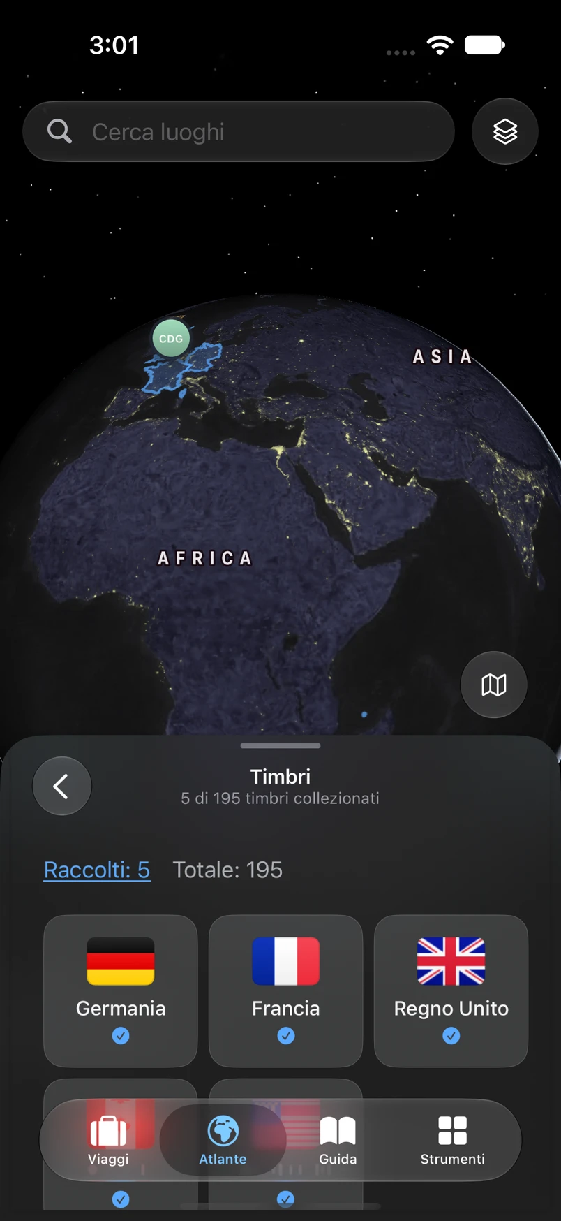 Timbri dei paesi raccolti da TakeOff sotto la mappa mondiale