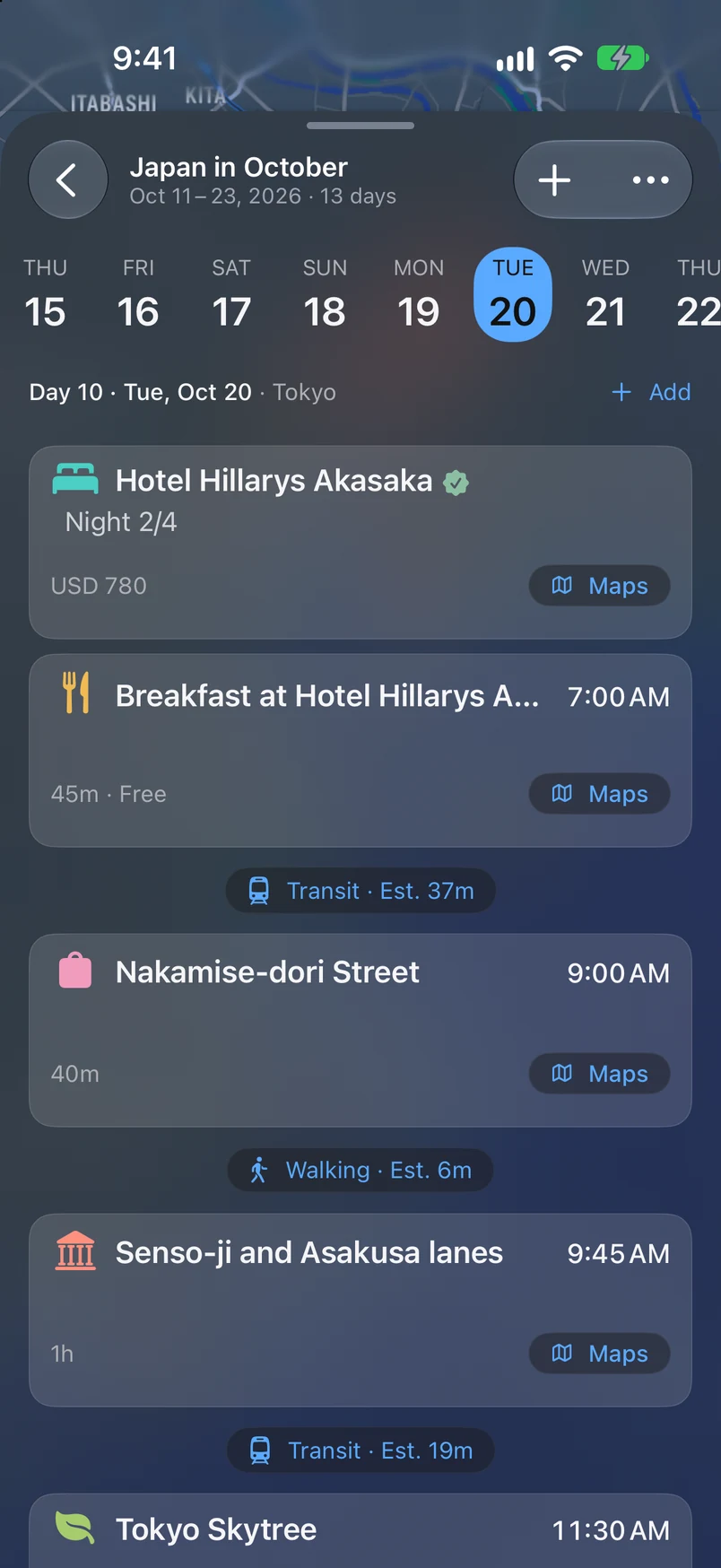 TakeOff Japan itinerary with daily plans, hotel stays, and travel connections