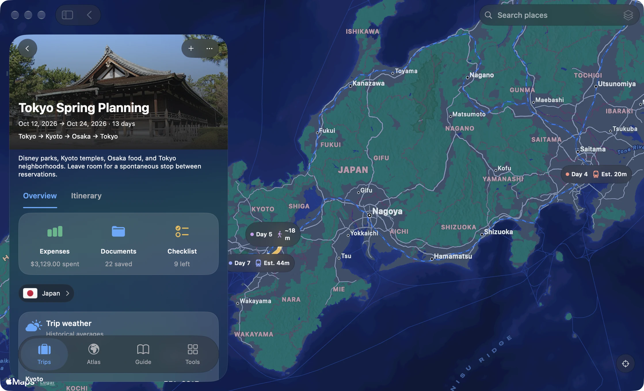 TakeOff on Mac with the Tokyo trip overview beside a map of Japan