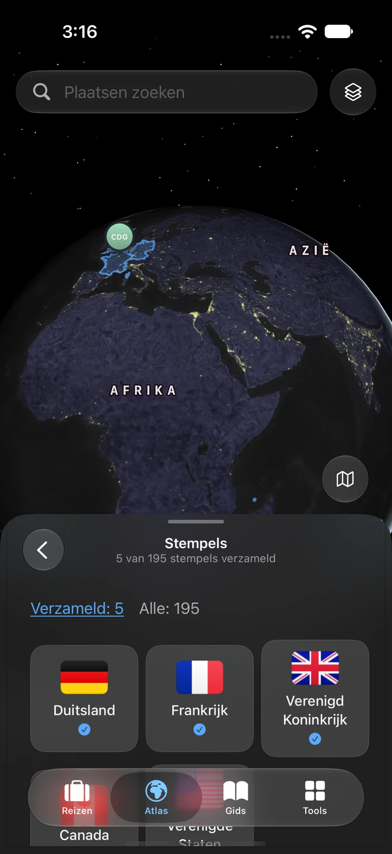 Door TakeOff verzamelde landstempels onder de wereldkaart