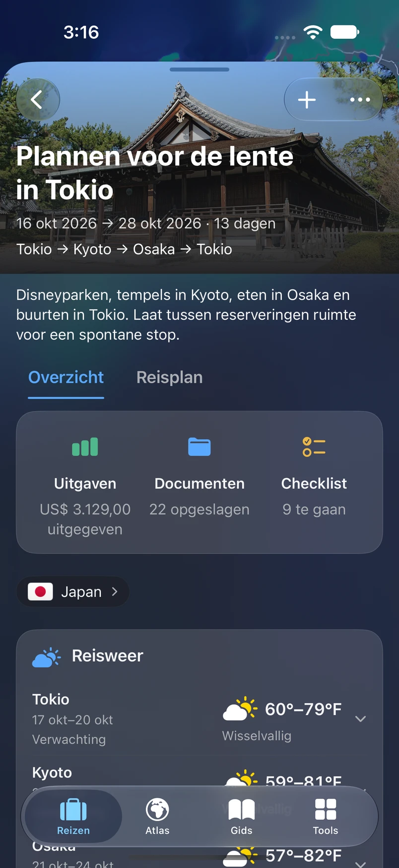 TakeOff-overzicht van de Tokio-reis met uitgaven, documenten, checklist en weer