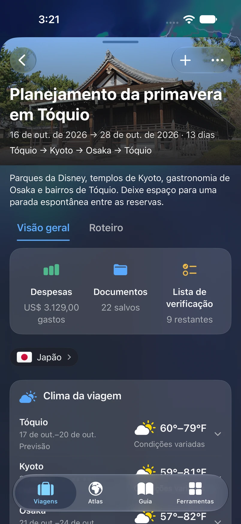 Visão geral da viagem a Tóquio no TakeOff, com despesas, documentos, lista de verificação e clima