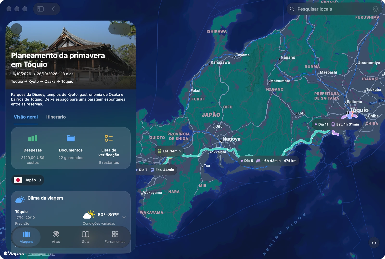 TakeOff no Mac com a visão geral da viagem a Tóquio ao lado do mapa do Japão