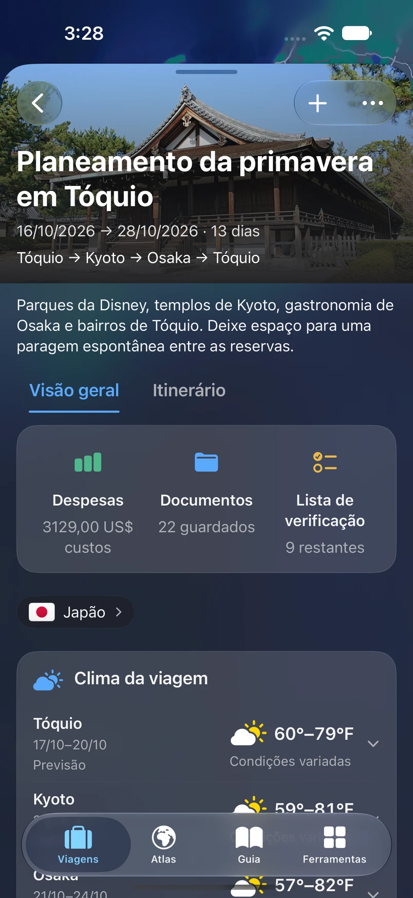 Visão geral da viagem a Tóquio no TakeOff, com despesas, documentos, lista de verificação e meteorologia