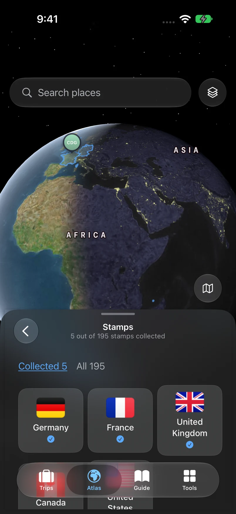 TakeOff collected country stamps below the world map