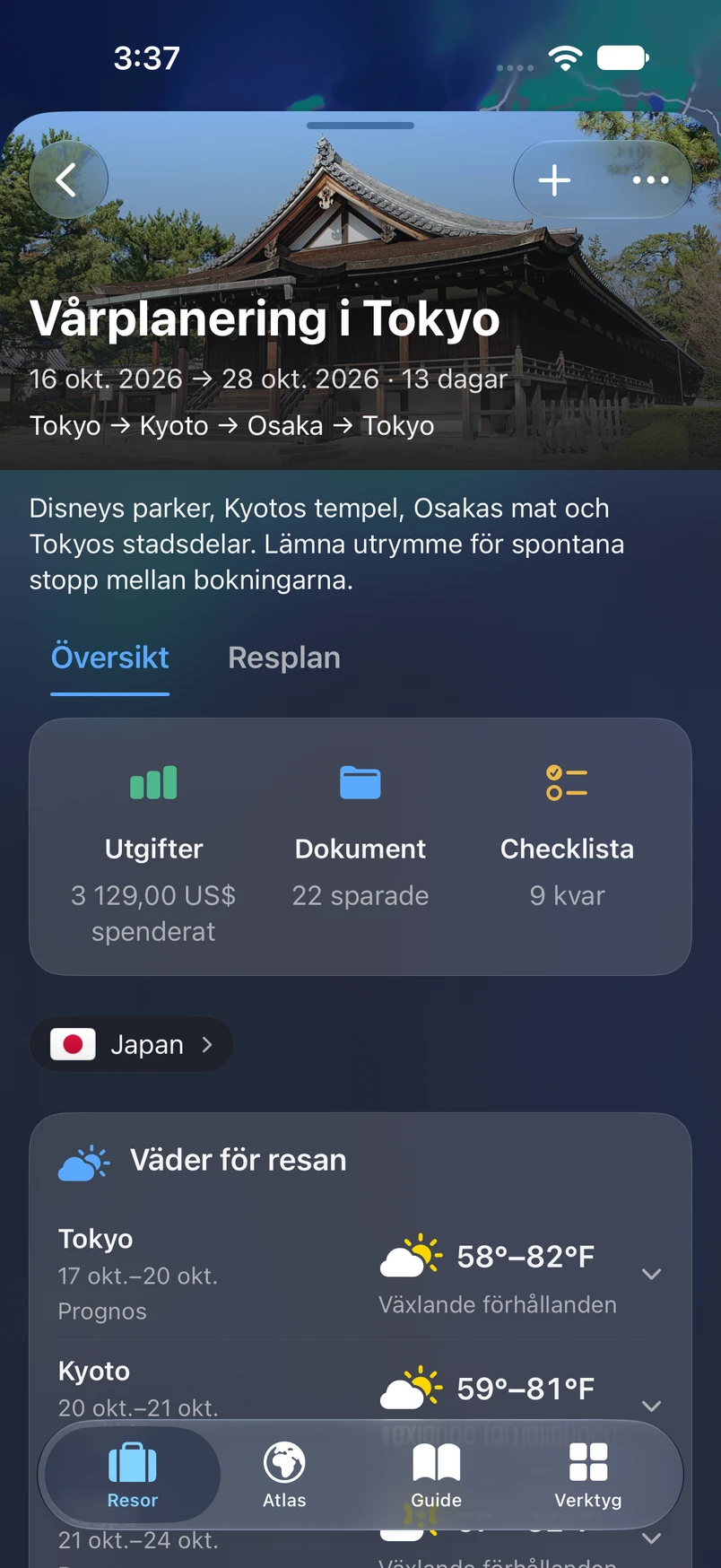 TakeOffs reseöversikt för Tokyo med utgifter, dokument, checklista och väder
