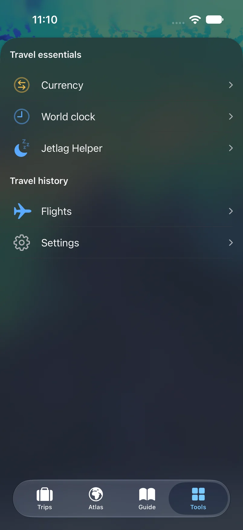 TakeOff travel tools with Currency, World Clock, Jetlag Helper, Flights, and Settings