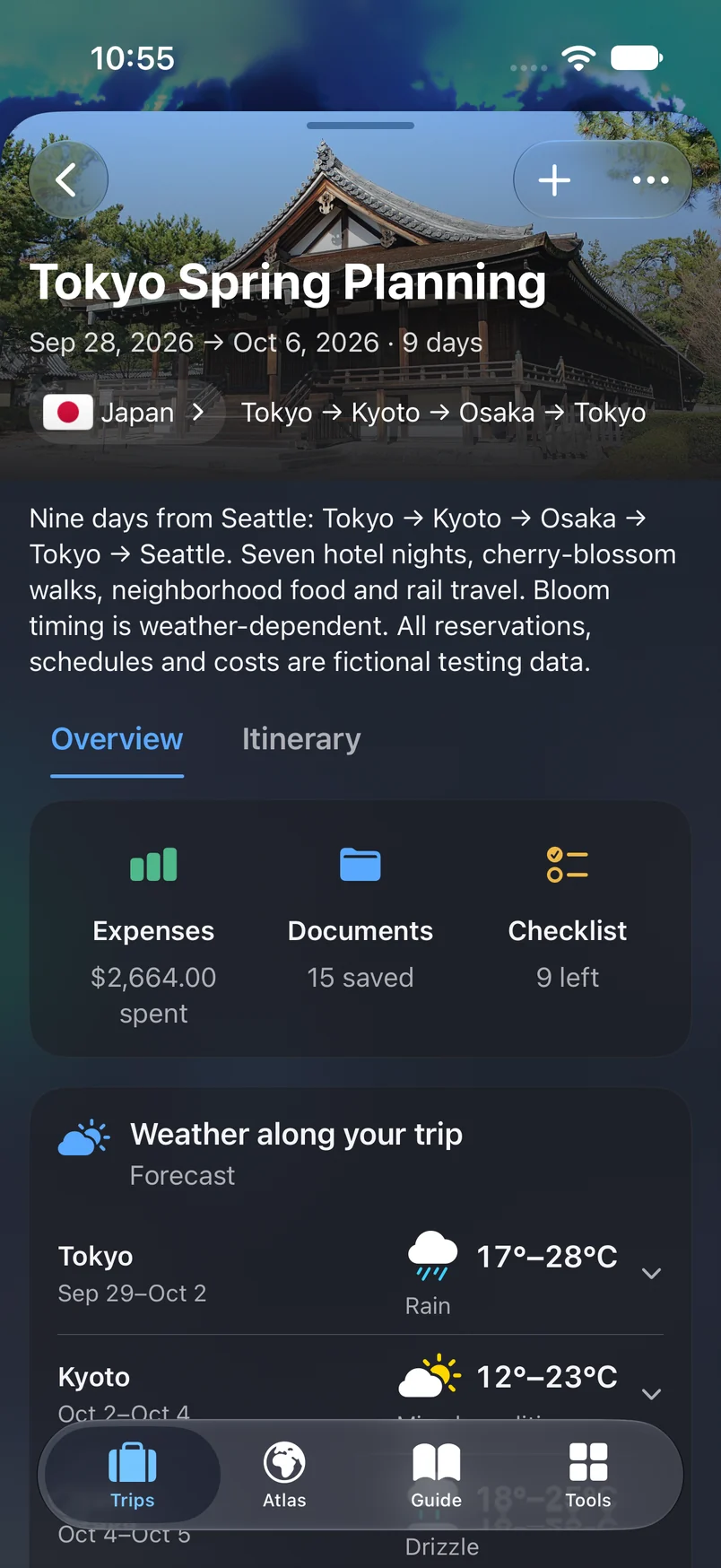 TakeOff trip overview with itinerary, packing, expenses, documents, and weather