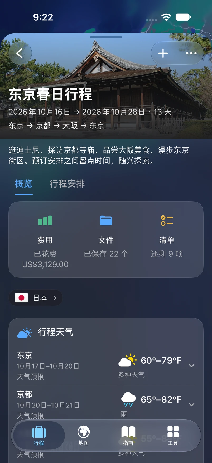 TakeOff 东京行程概览,显示费用、文件、清单与天气
