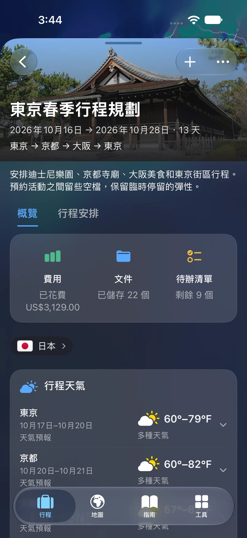 TakeOff 東京行程概覽,顯示費用、文件、清單與天氣