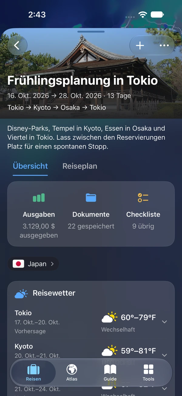 TakeOff-Reiseübersicht auf dem iPhone mit Ausgaben, Dokumenten und Checklisten-Kurzbefehlen
