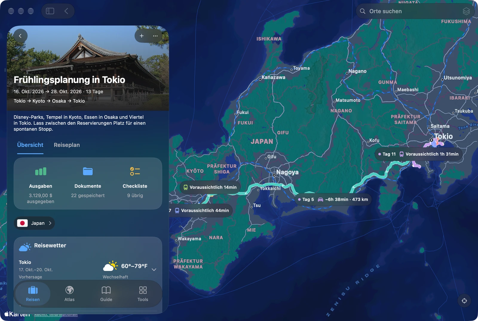 TakeOff-Reiseübersicht auf dem Mac neben einer Japan-Karte