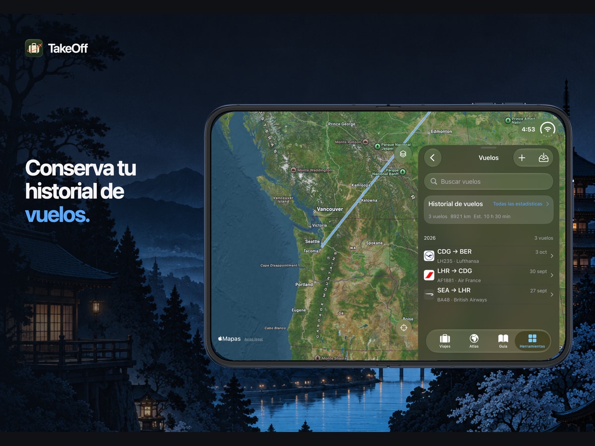 Conserva tu historial de vuelos. Registro y rutas de vuelo de TakeOff en iPhone Duo