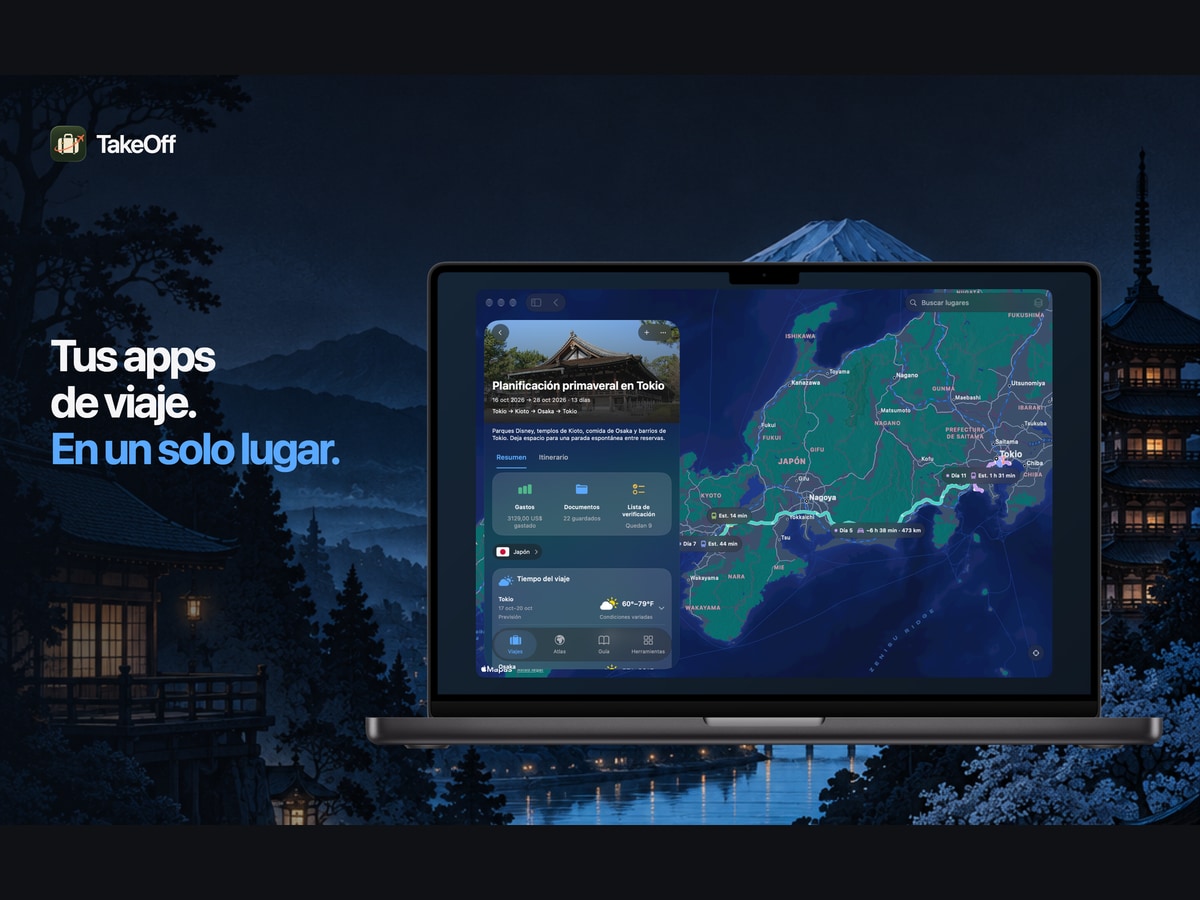 Planifica el viaje. Conserva la historia. TakeOff en Mac frente a un paisaje nocturno de Japón