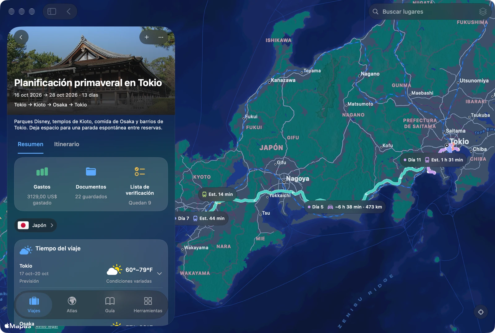 Vista general del viaje de TakeOff en Mac junto a un mapa de Japón
