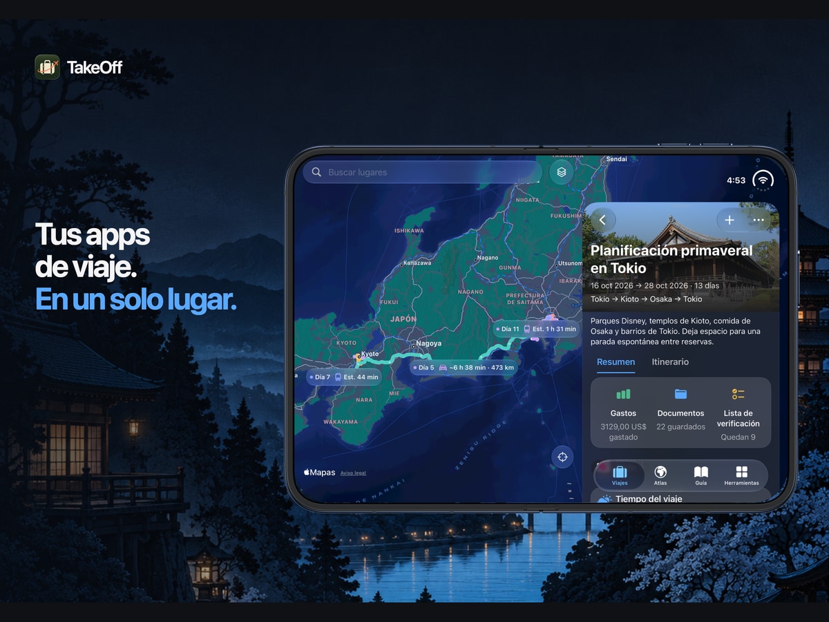 Resumen del viaje y mapa de TakeOff en iPhone Duo