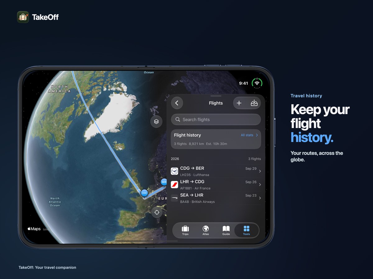 Keep your flight history. TakeOff flight log and routes on iPhone Duo