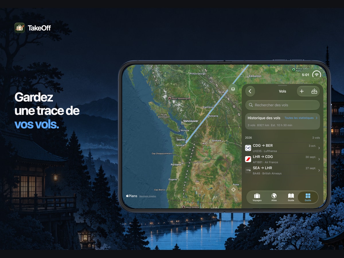 Garder votre historique des vols. Journal de vols et itinéraires TakeOff sur iPhone Duo
