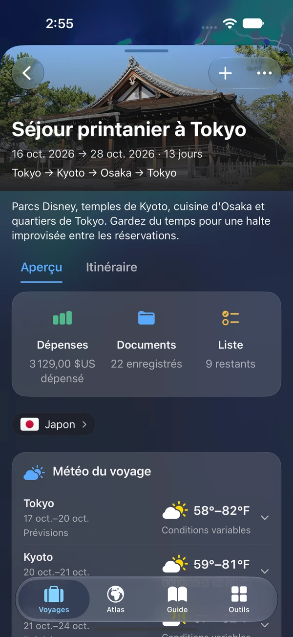 Vue d’ensemble du voyage TakeOff sur iPhone, avec dépenses, documents et raccourcis de checklist