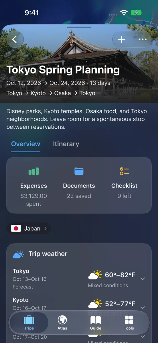 TakeOff iPhone trip overview with expenses, documents and checklist shortcuts