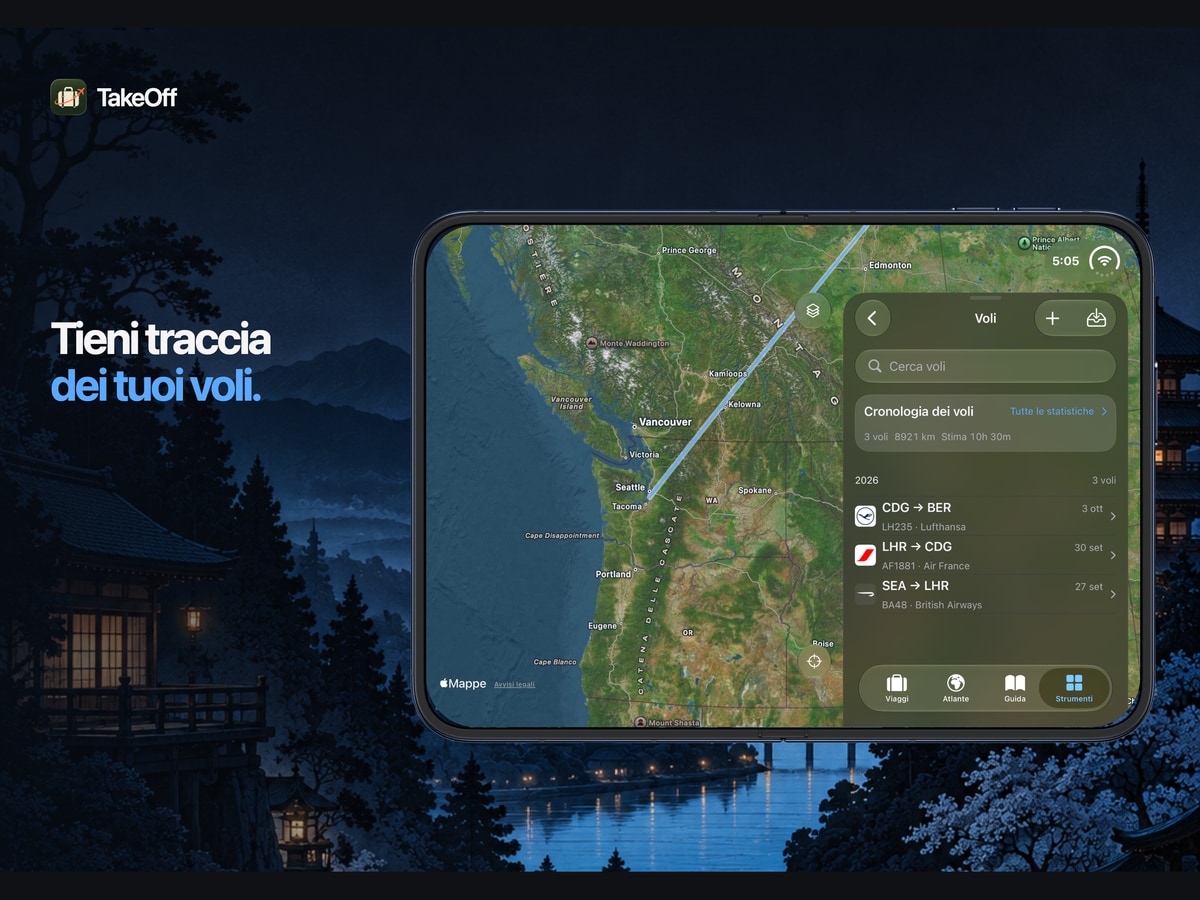 Conserva la cronologia dei voli. Registro voli e rotte TakeOff su iPhone Duo