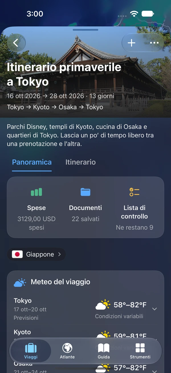 Panoramica del viaggio TakeOff su iPhone con collegamenti rapidi a spese, documenti e checklist