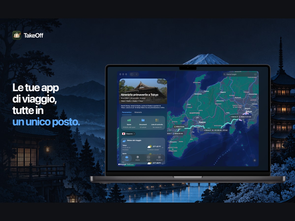 Pianifica il viaggio. Conserva la storia. TakeOff su Mac davanti a un paesaggio notturno del Giappone