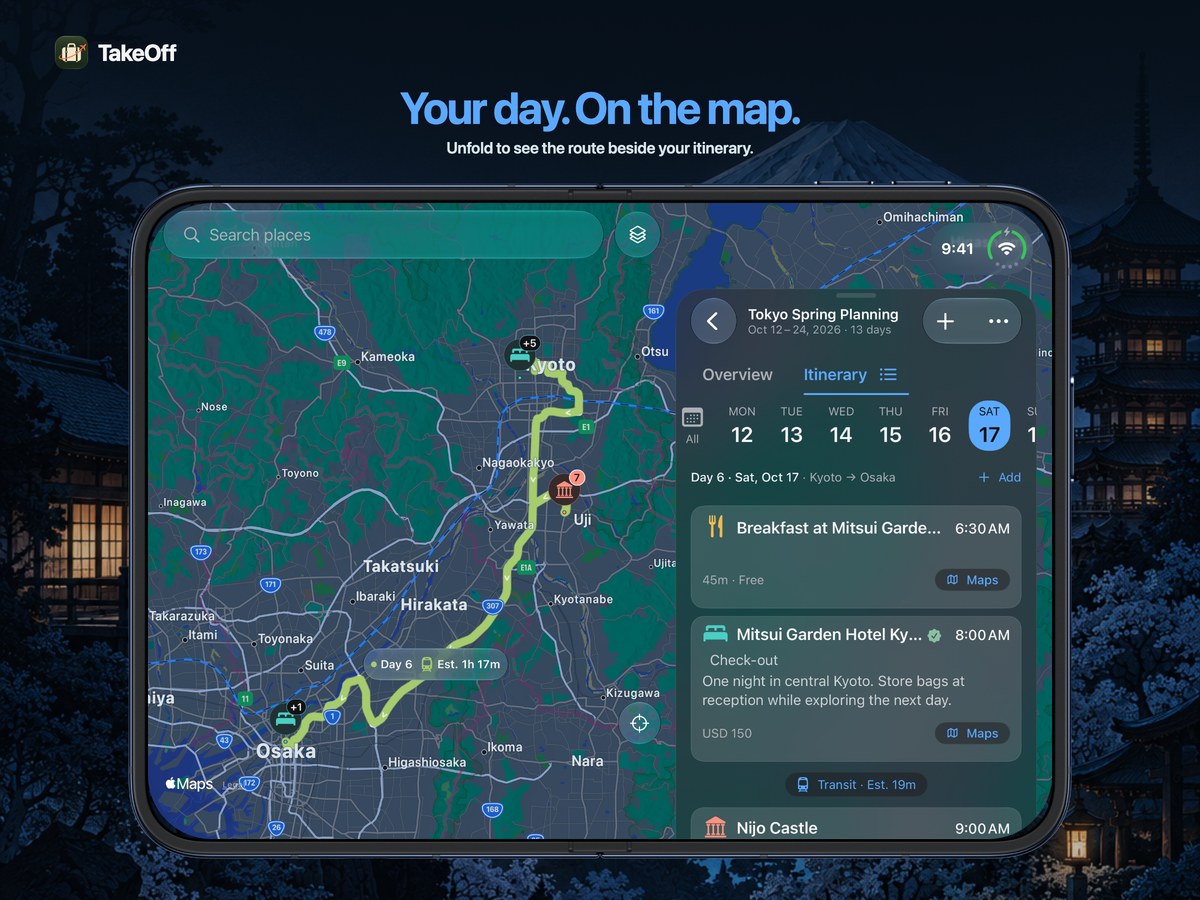 Your day. On the map. TakeOff itinerary and map on iPhone Duo