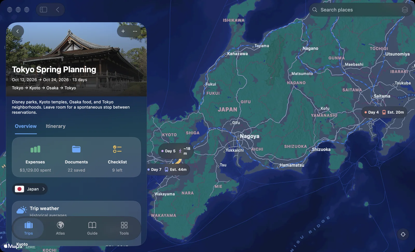 TakeOff Mac trip overview beside a map of Japan