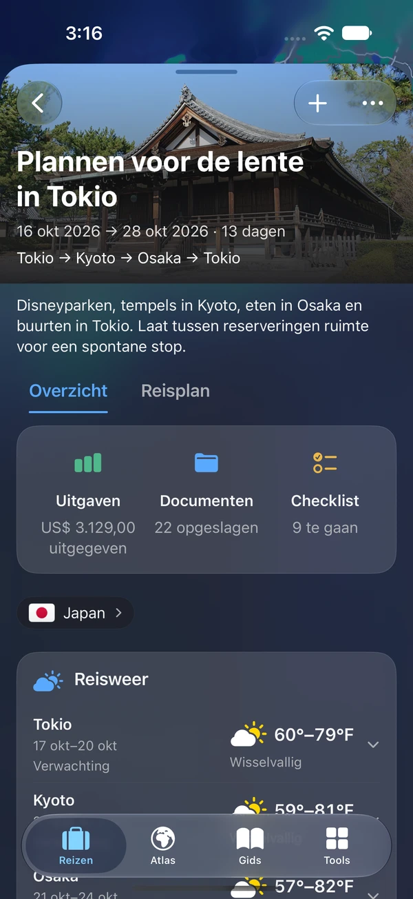 TakeOff-reisoverzicht op iPhone met uitgaven, documenten en checklist-snelkoppelingen