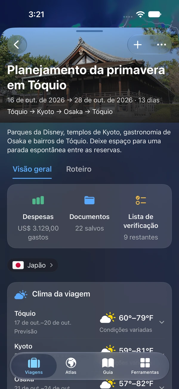 Visão geral da viagem no iPhone do TakeOff com atalhos para despesas, documentos e lista de verificação