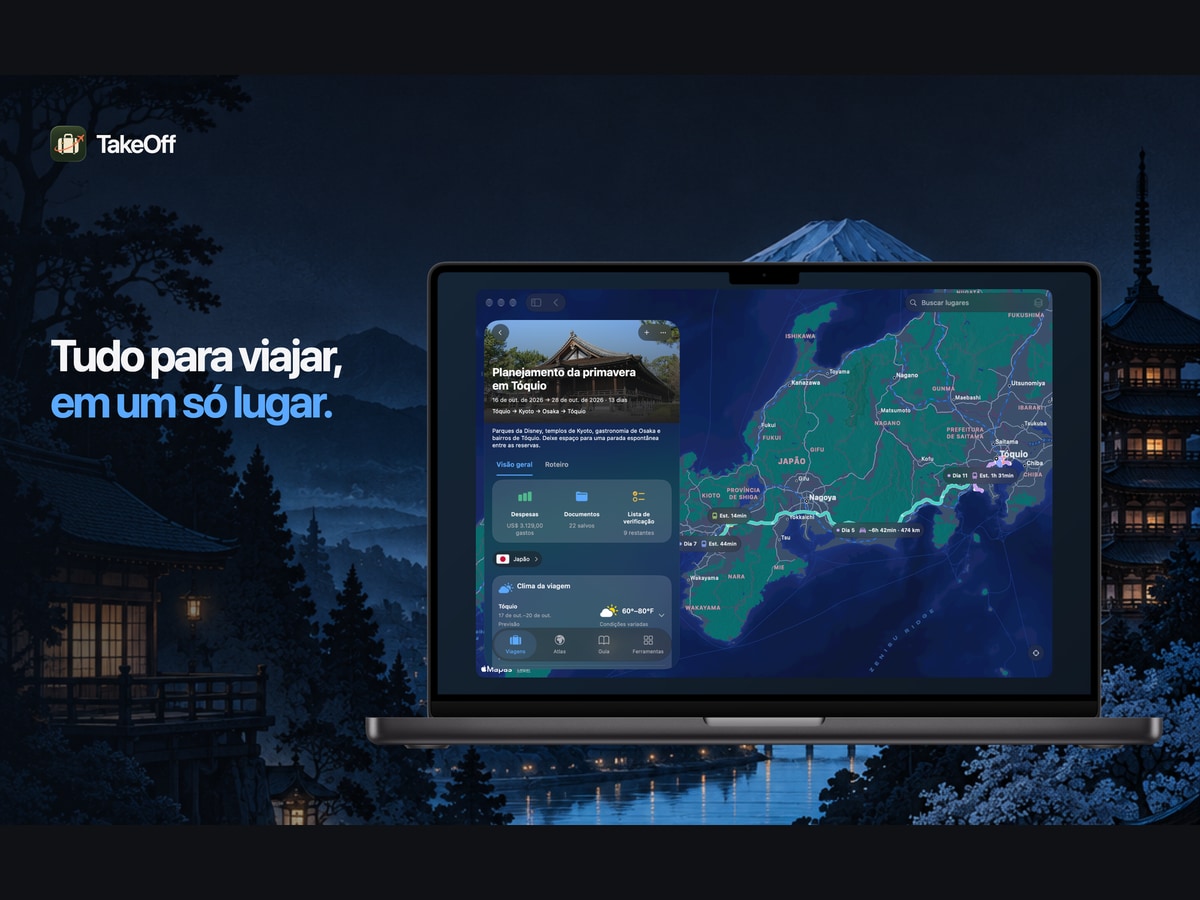 Planeje a viagem. Guarde a história. TakeOff no Mac com uma paisagem noturna do Japão ao fundo
