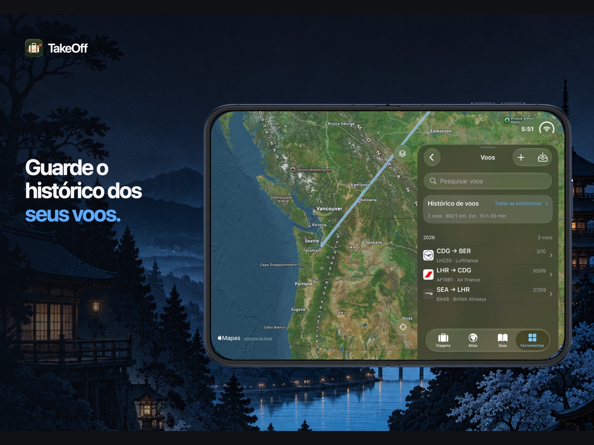 Mantenha o seu histórico de voos. Registo de voos e rotas do TakeOff no iPhone Duo