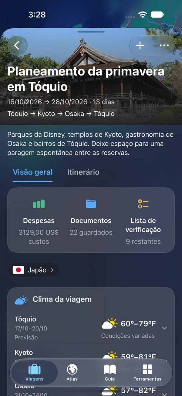 Visão geral da viagem no iPhone do TakeOff com atalhos para despesas, documentos e lista de verificação