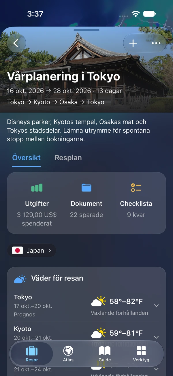 TakeOffs reseöversikt på iPhone med genvägar till utgifter, dokument och checklista
