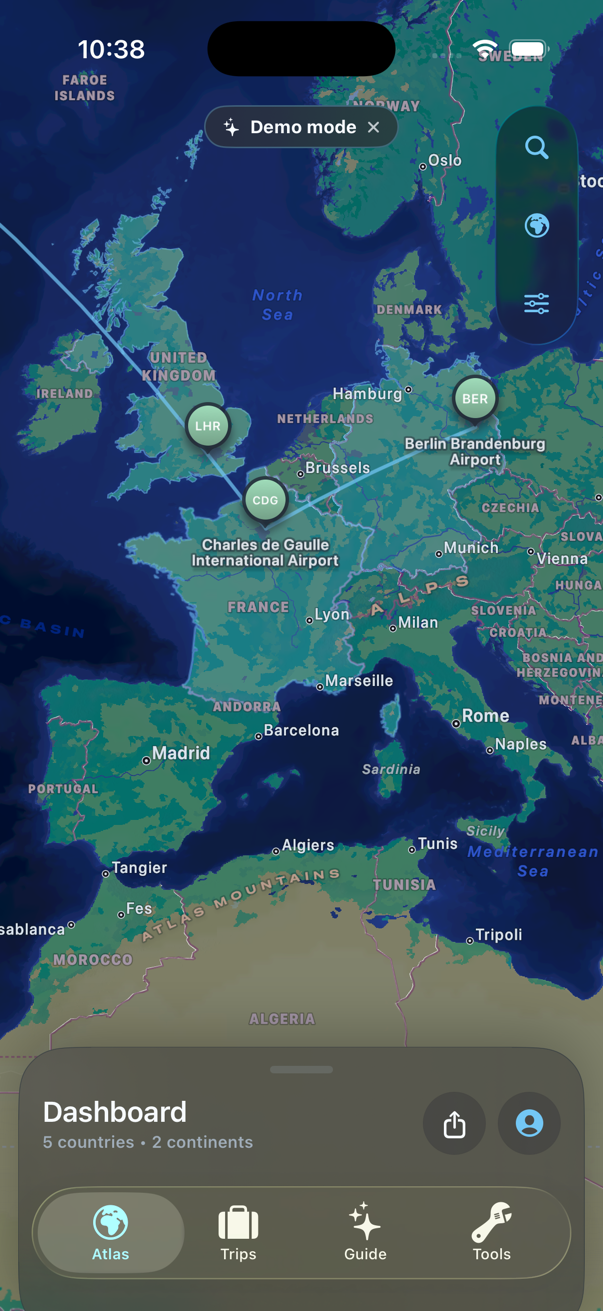 TakeOff Atlas map showing a route dashboard across Europe