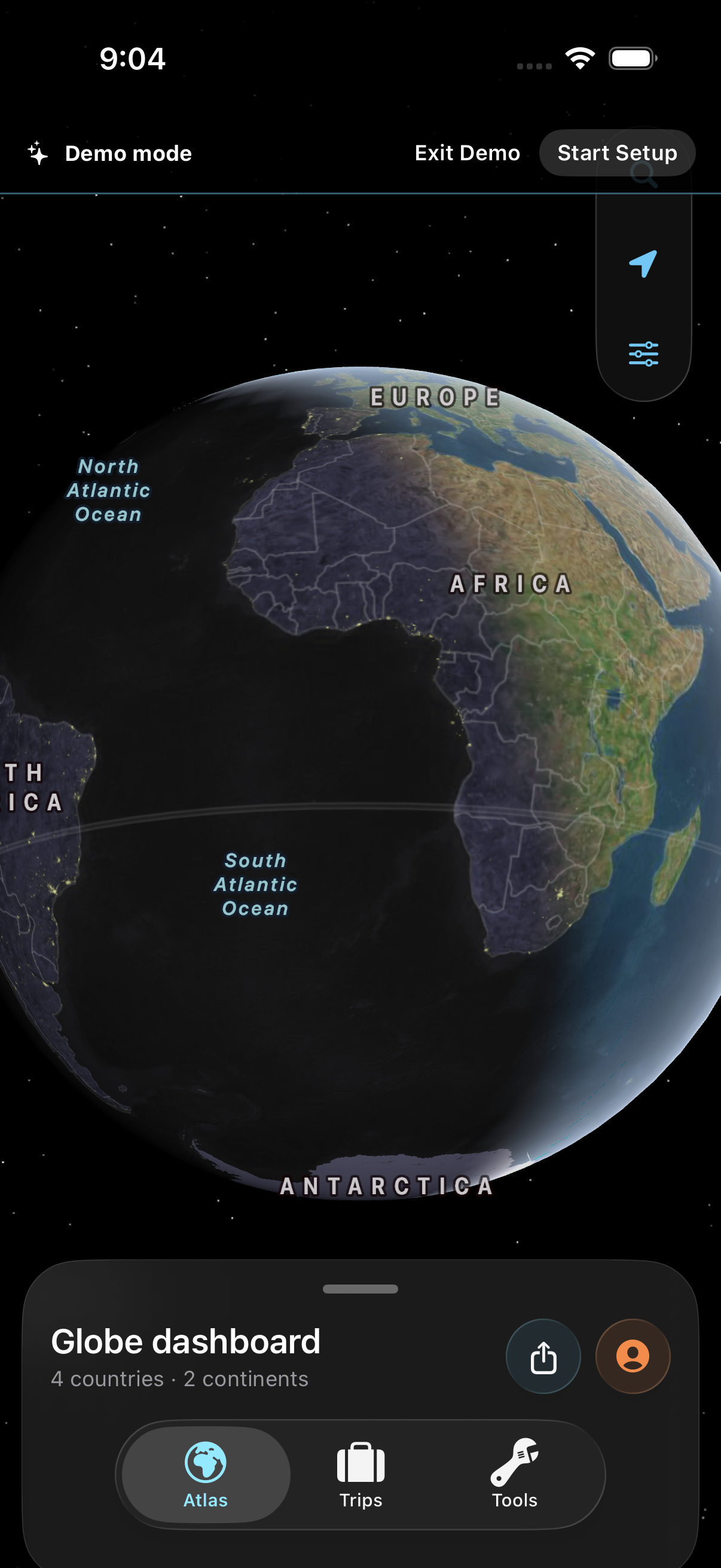TakeOff Atlas map showing the globe dashboard