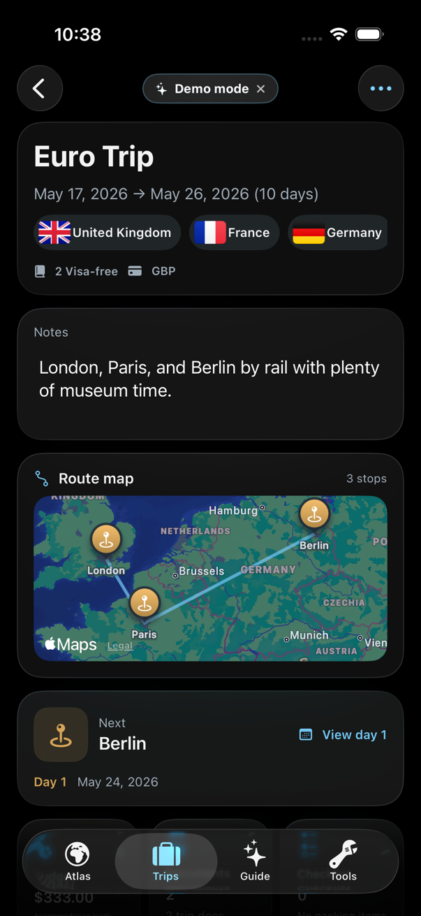 TakeOff trip route map screenshot