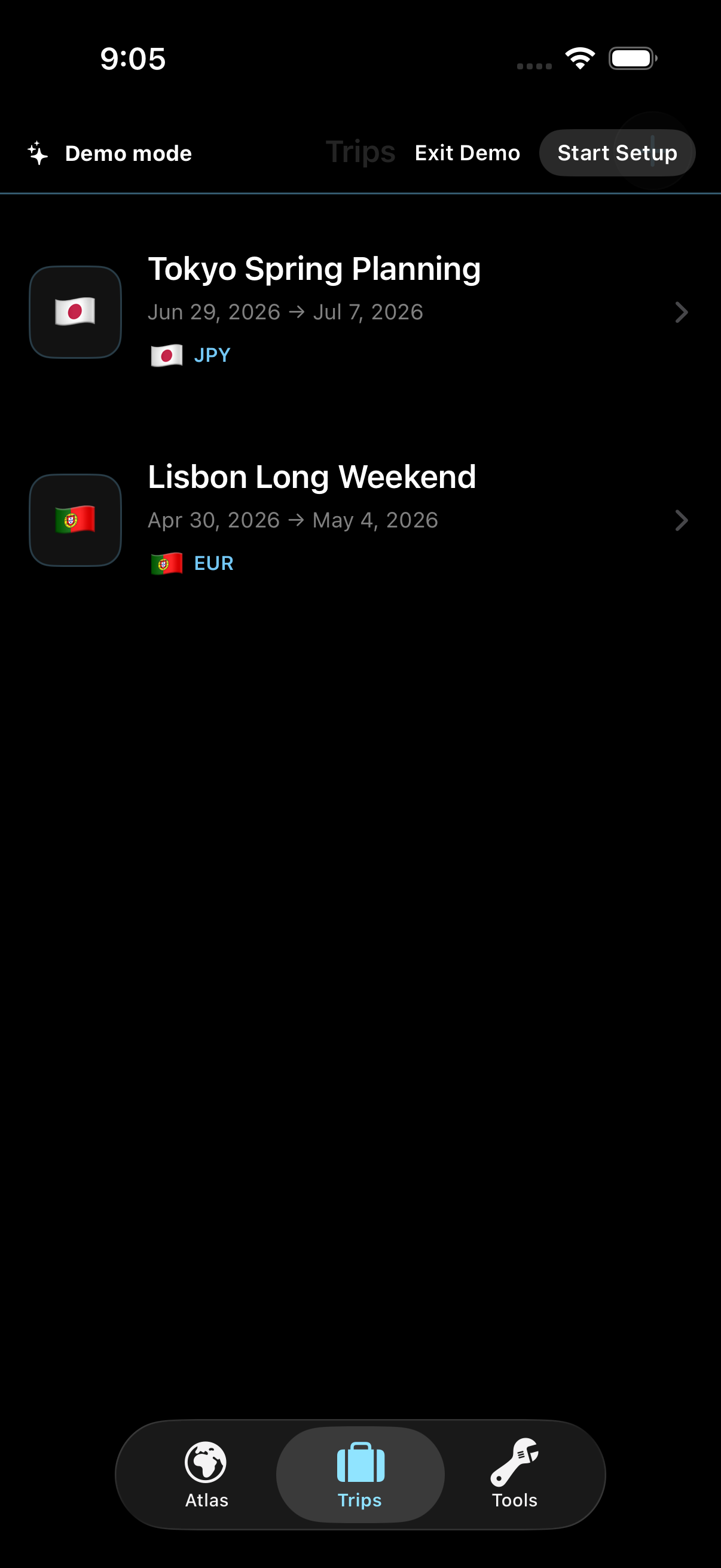 TakeOff Trips list screenshot