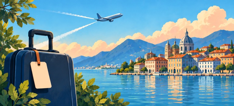 Illustrated suitcase beside a lakeside town